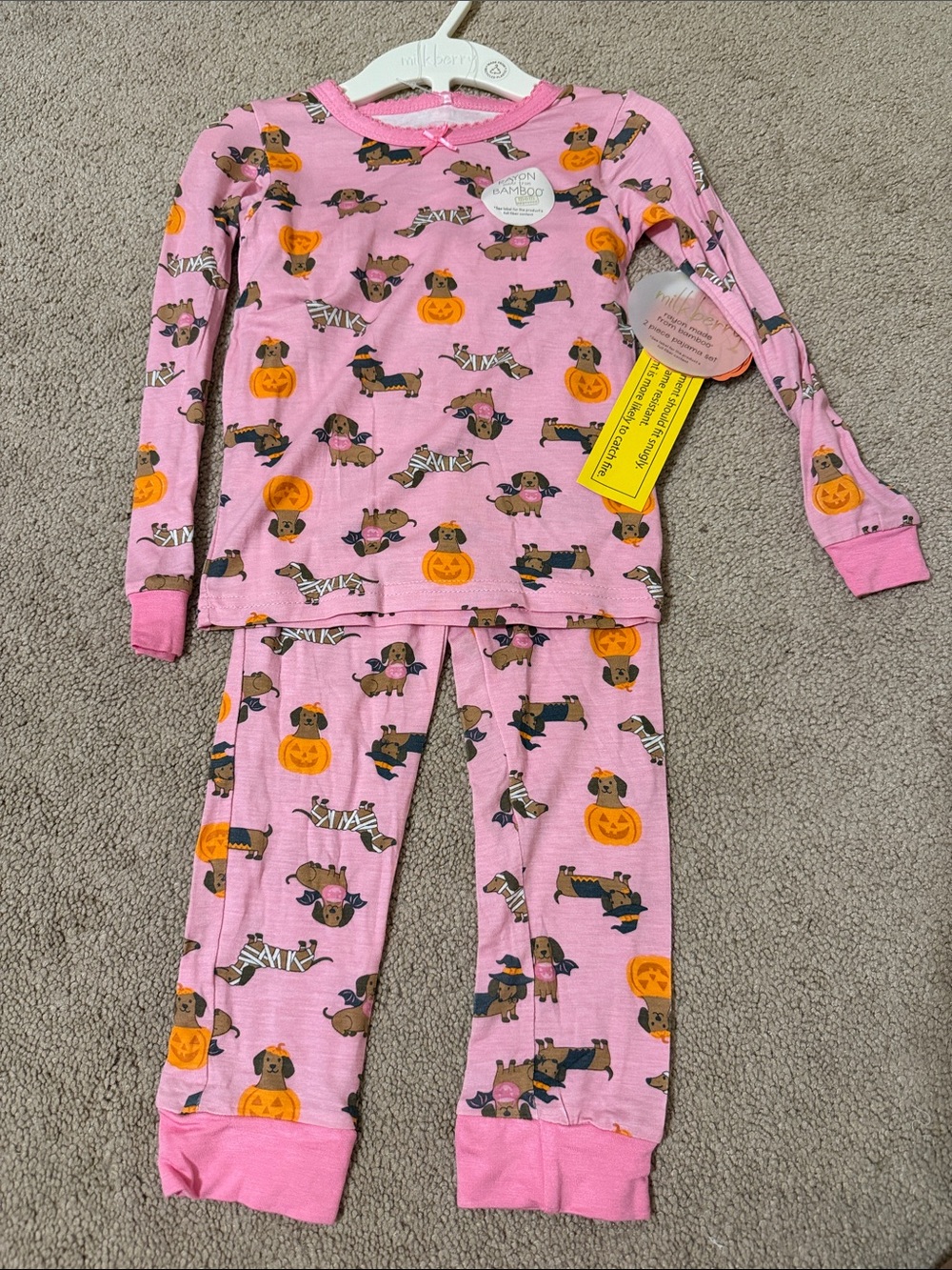Milkberry Girls' Pink Halloween Dachshund Pajama Set - Cozy Two-Piece Sleepwear